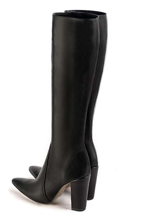 Satin black women's feminine knee-high boots. Tapered toe. Very high block heels. Made to measure. Rear view - Florence KOOIJMAN